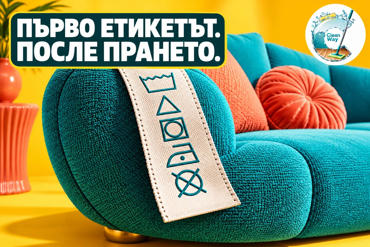 Първо етикетът. После прането. Бирюзов диван с голям етикет за грижа върху жълт фон — илюстративна композиция.