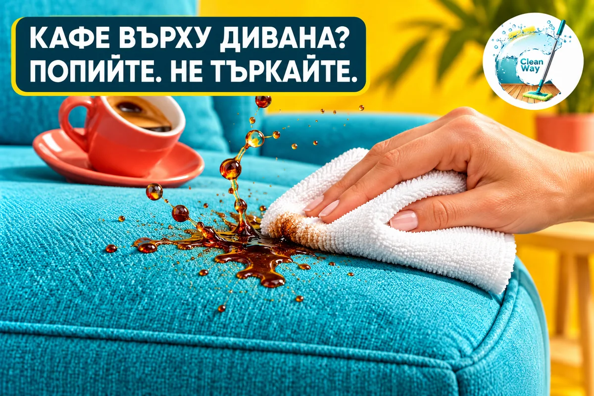 Кафе върху дивана? Попийте. Не търкайте. Бяла кърпа попива кафе от бирюзова седалка; коралова чаша на ярък жълт фон.