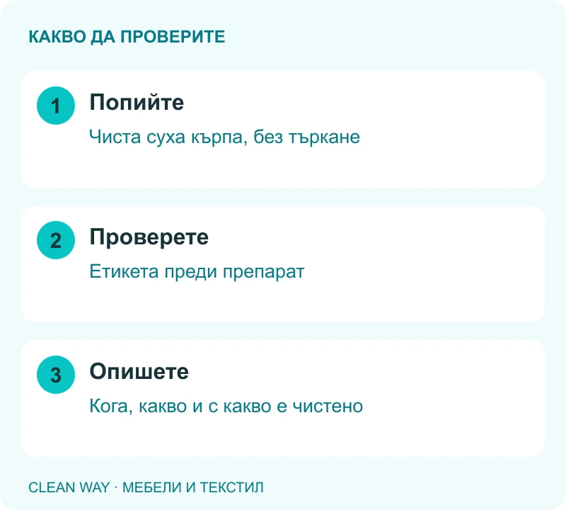 Попийте: Чиста суха кърпа, без търкане; Проверете: Етикета преди препарат; Опишете: Кога, какво и с какво е чистено
