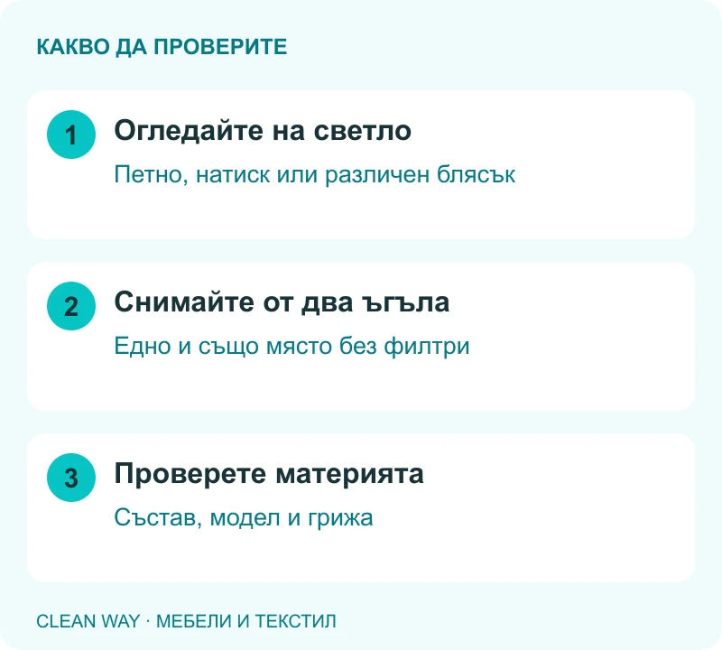 Огледайте на светло: Петно, натиск или различен блясък; Снимайте от два ъгъла: Едно и също място без филтри; Проверете материята: Състав, модел и грижа