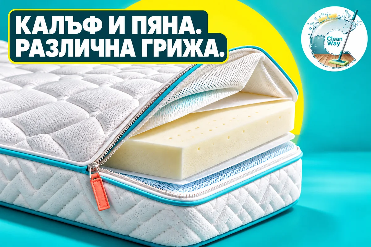 Калъф и пяна. Различна грижа. Бял матрак с отворен цип на калъфа и видима сърцевина от пяна на наситен бирюзов фон.