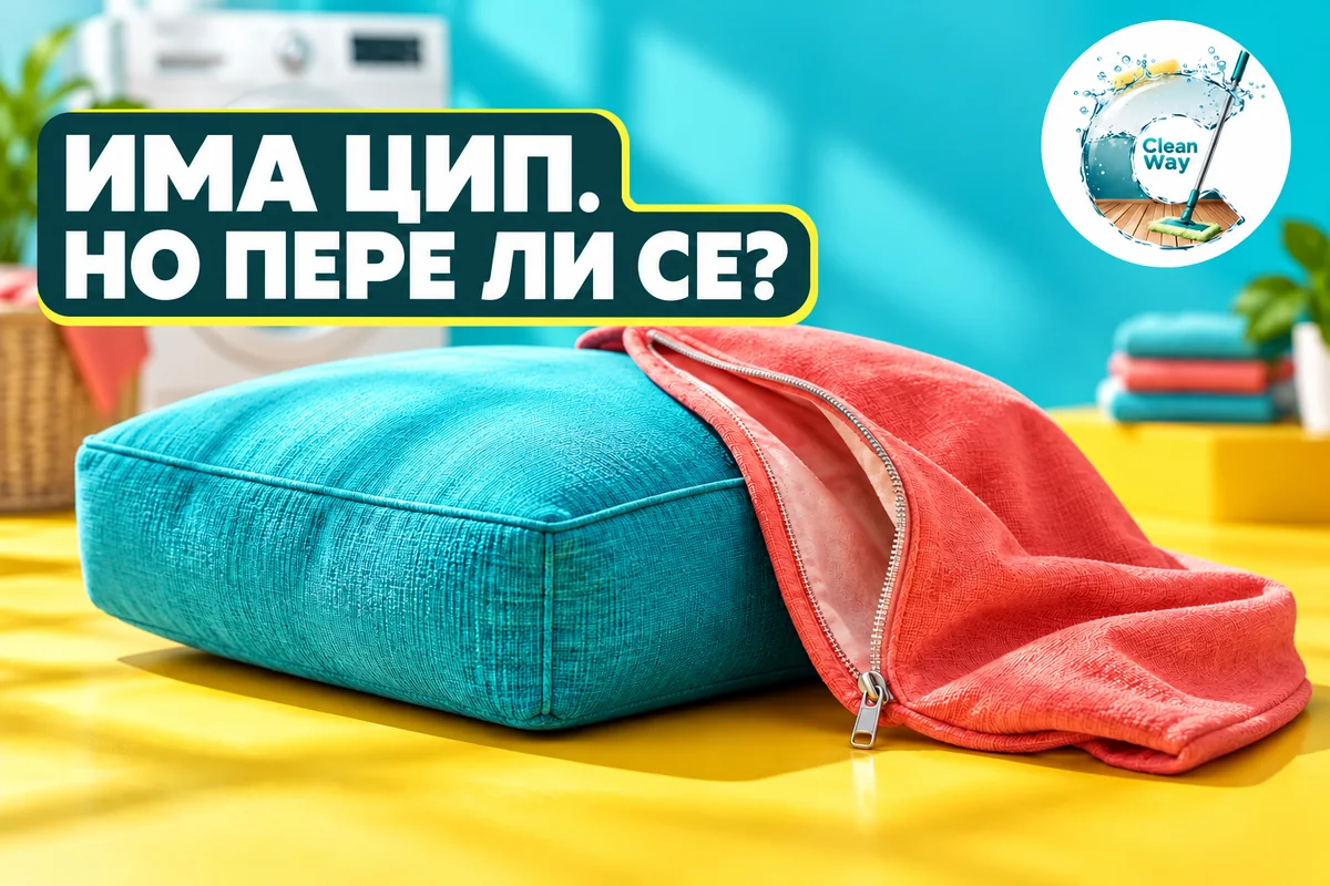 Има цип. Но пере ли се? Бирюзова възглавница и отделен коралов калъф с отворен цип върху жълта повърхност.